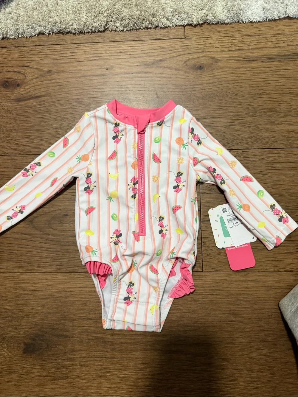 Disney Baby Minnie Mouse Fruit Striped Long Sleeve Swimsuit Baby Size 3-6 Months